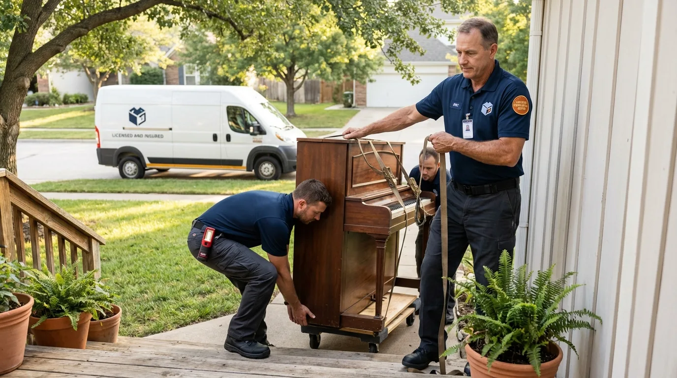 Licensed piano movers securing grand piano in Breckenridge, CO