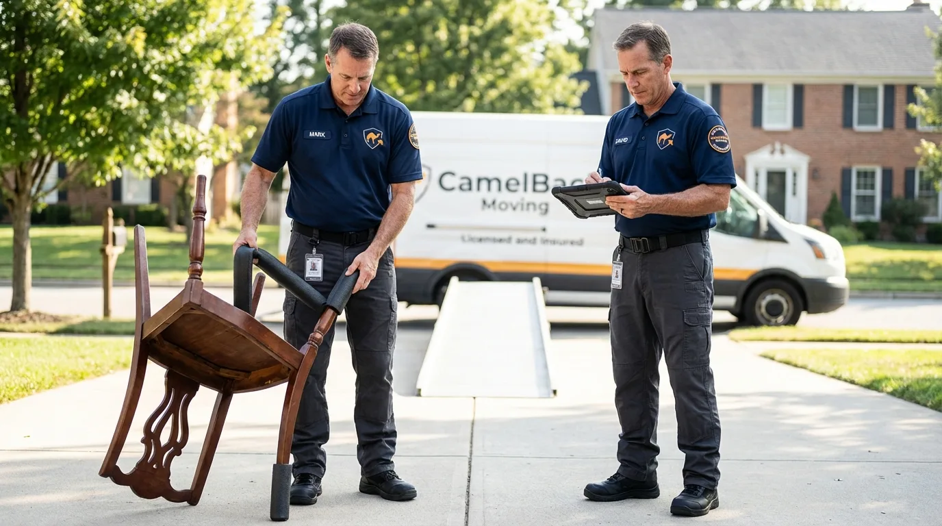 Movers inspecting furniture for damage prevention before loading in Breckenridge, CO